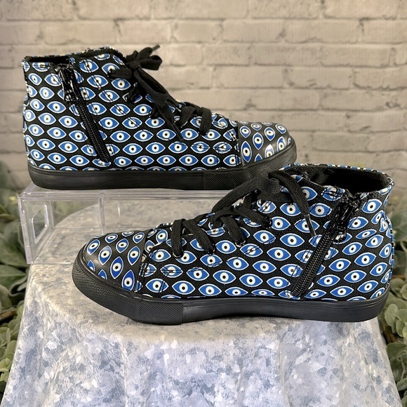 AKID “Anthony Evil Eye” Blue Multi Black Canvas Mid-High Sneakers Boys 5M💙EUC💙 - Picture 4 of 10